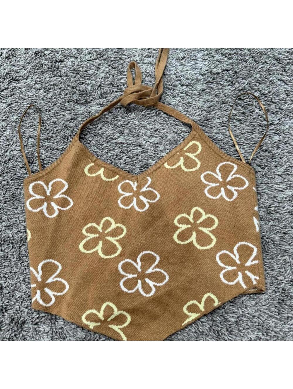 L.A. Hearts Brown Floral Knit Halter Top Small